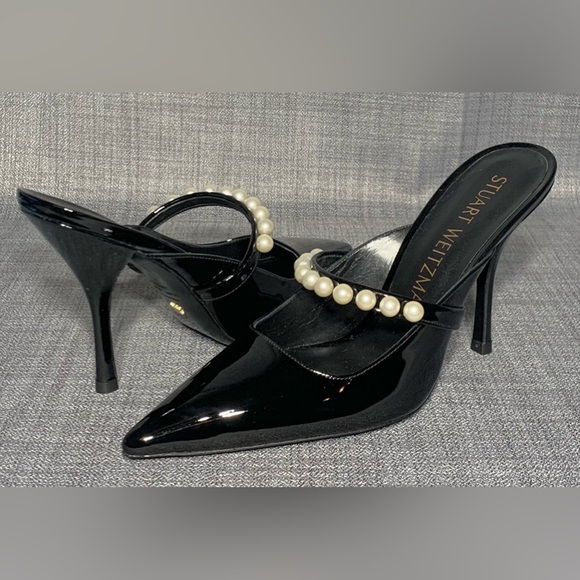Stuart Weitzman Goldie 100 Women's Black Patent Leather Pearl Pump Mule Size 9 - Picture 2 of 8